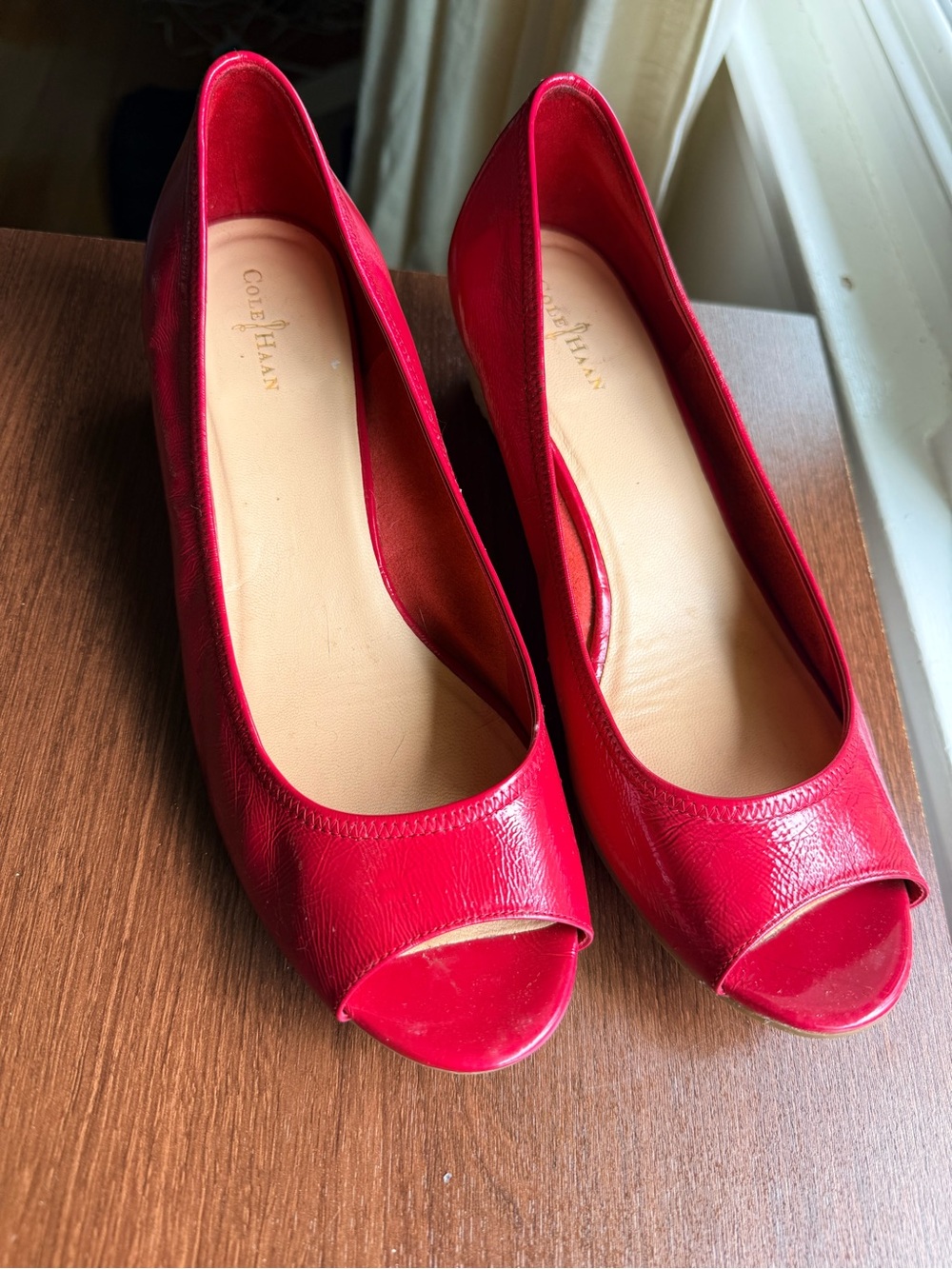 Cole Haan Red Leather Peep-Toe Wedge Pumps